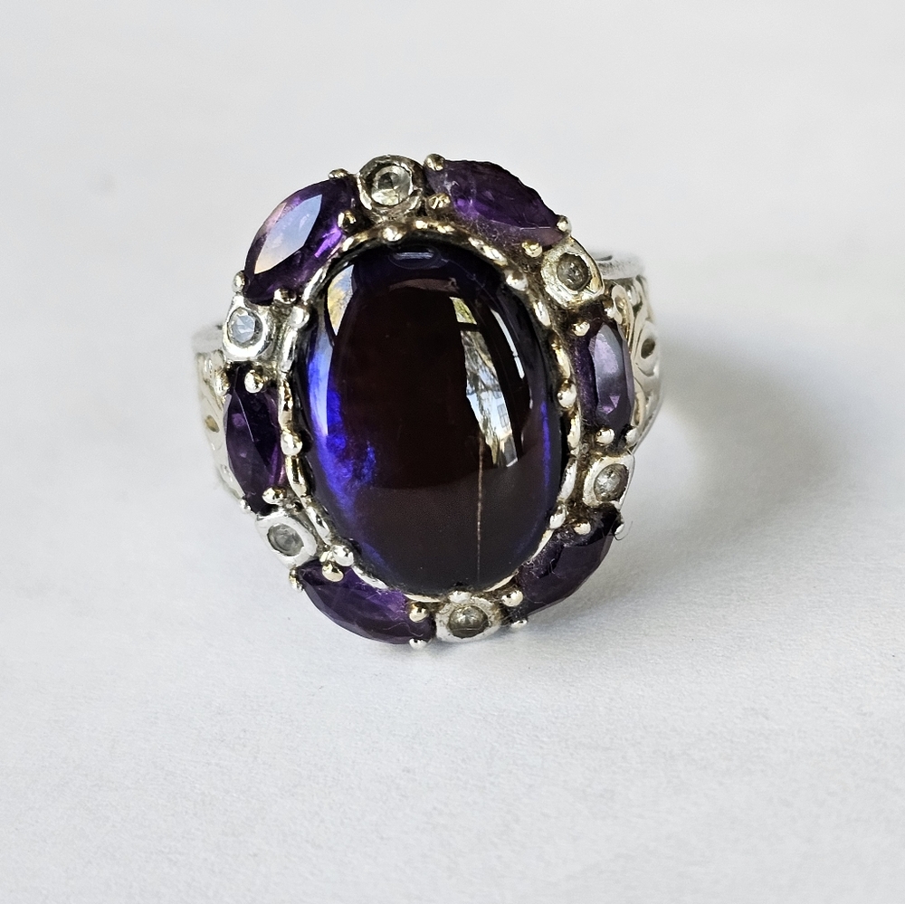 Vintage ✨️ Ammolite & Amethyst Ring in Palladium Sterling Silver Sz 6! - Picture 2 of 12